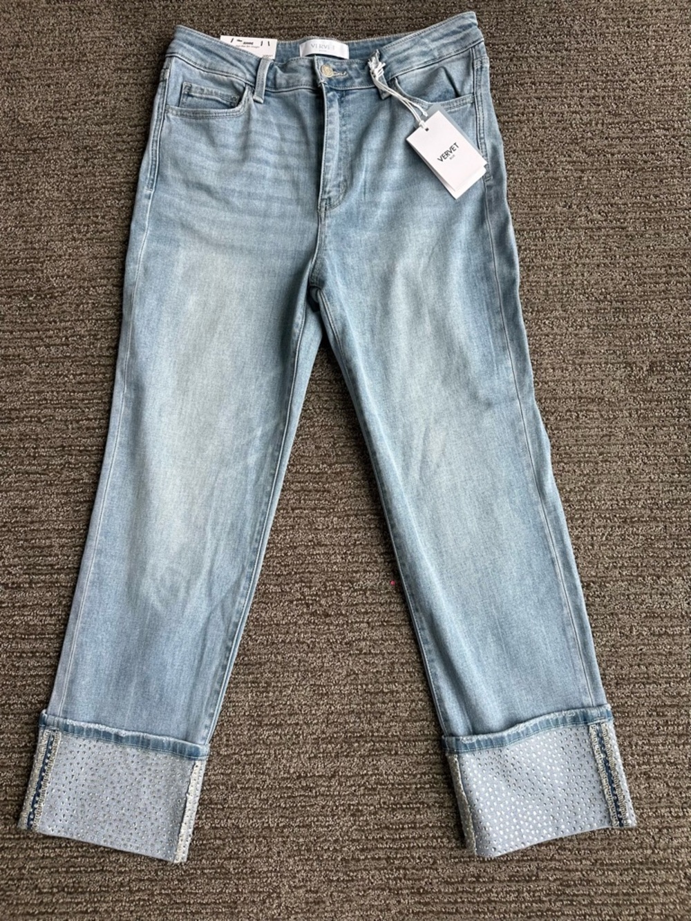 VERVET RADIANT DREAM HIGH RISE RHINESTONE CUFFED SLIM STRAIGHT JEANS